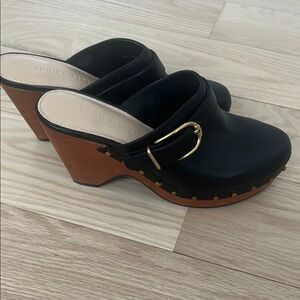 Veronica Beard Black and Brown Leather Mules with Chunky Heel